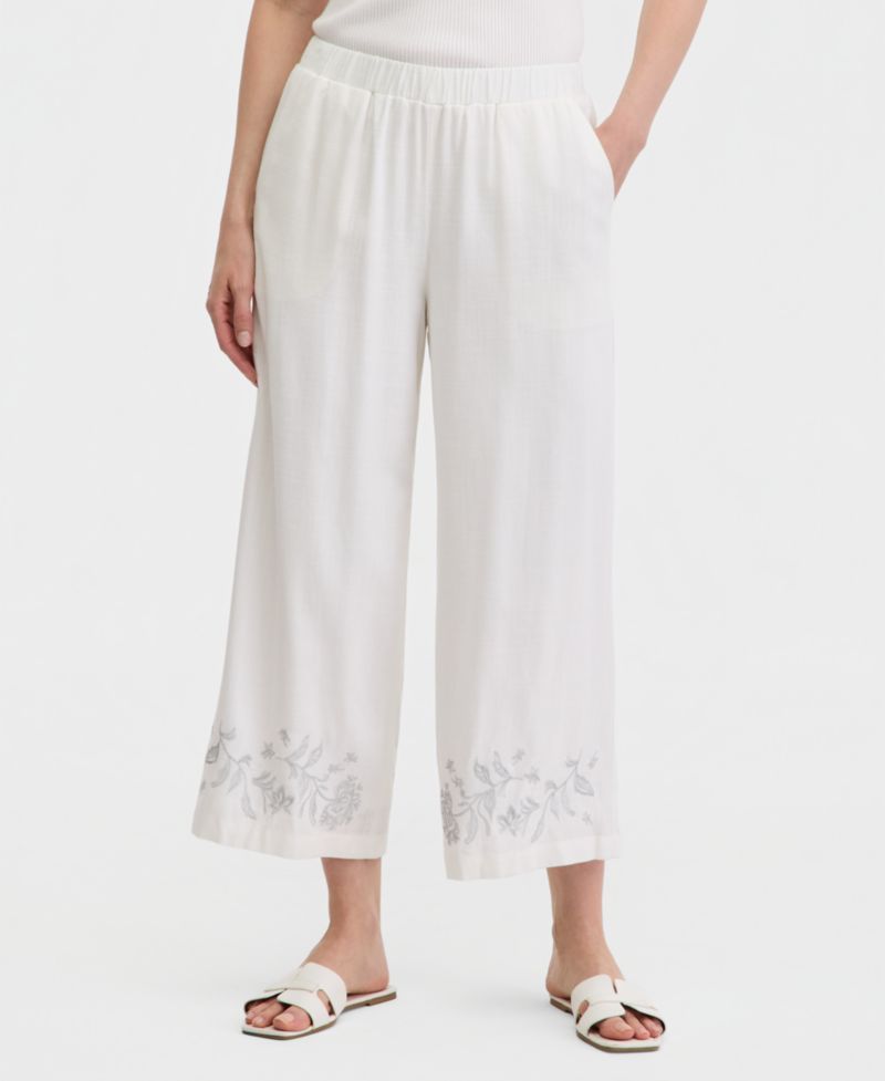 Women's High-Rise Embroidered Linen-Blend Cropped Pants