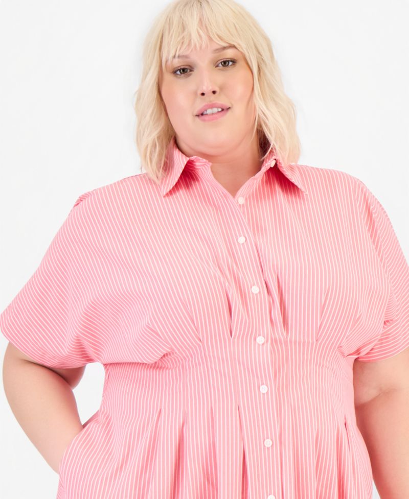 Trendy Plus Size Pinstriped Pleated-Waist Midi Shirtdress