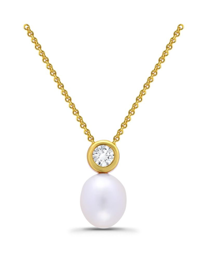 Teardrop Freshwater Cultured Pearl Round Cubic Zirconia Bezel Necklace