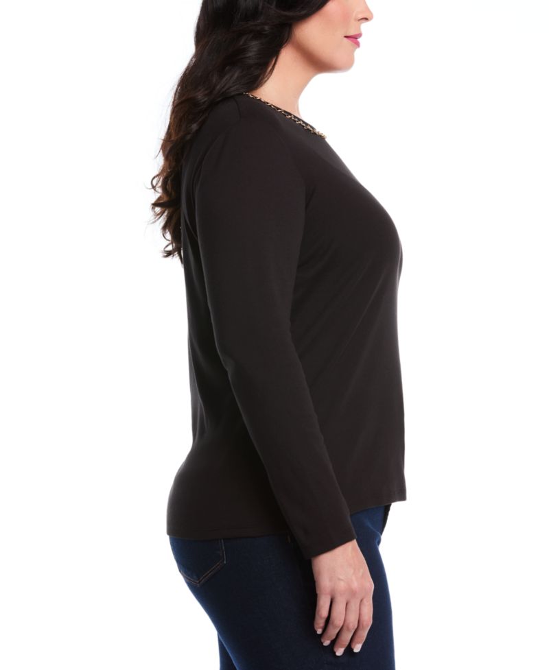 Plus Size Chain Neck Detail Long-Sleeve Top