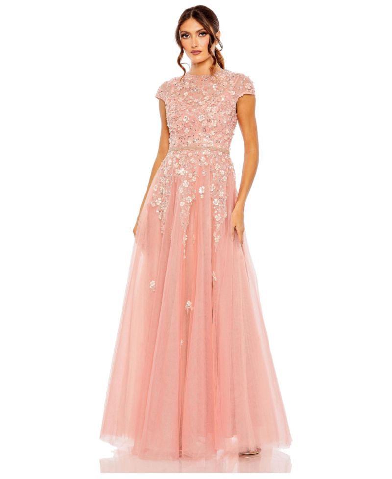 Women's High Neck Cap Sleeve Embellished A Line Gown