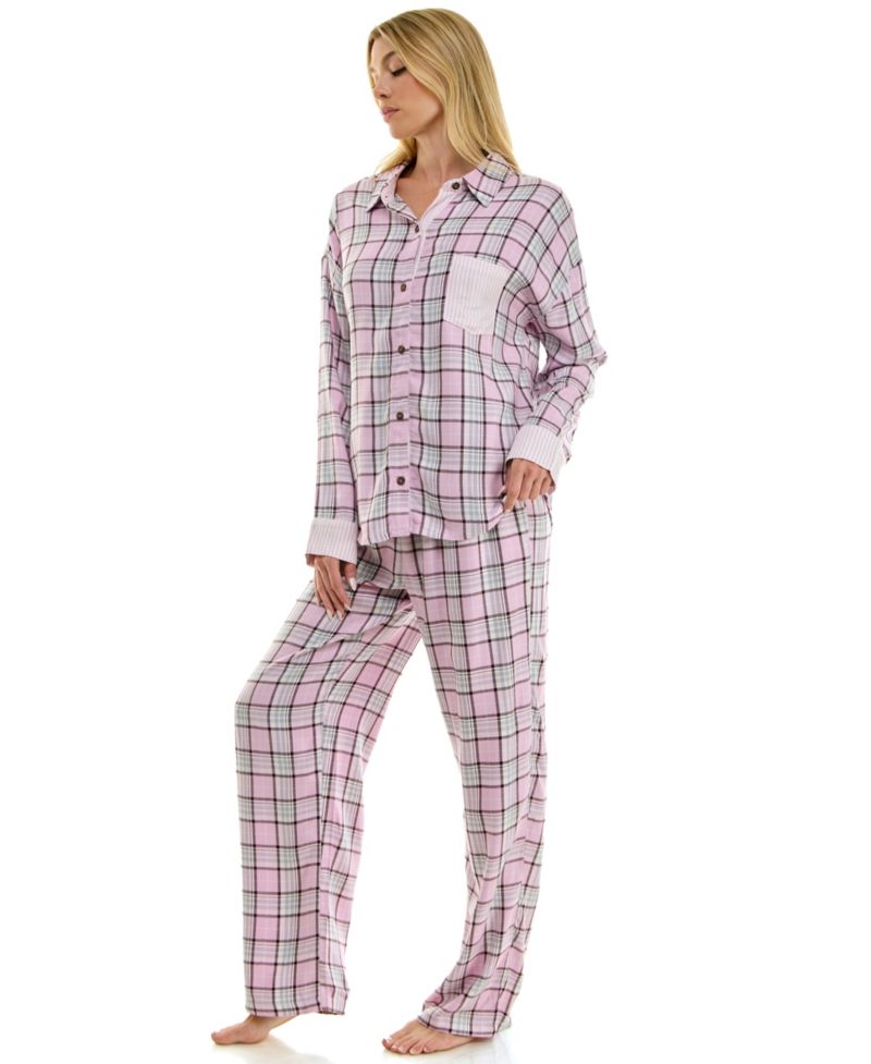 Women's Flannel Collared Long-Sleeve Shirt and Pant Pajama Set