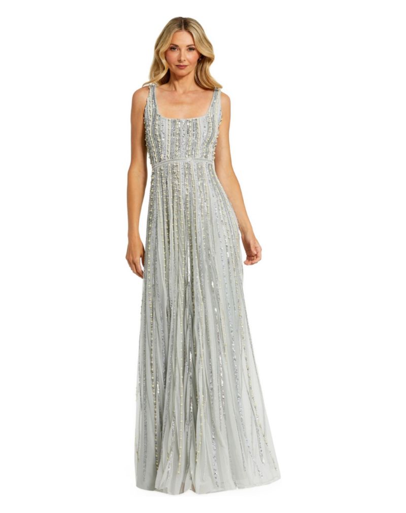 Women's Scoop Neck A-Line Gown with Striped Beading