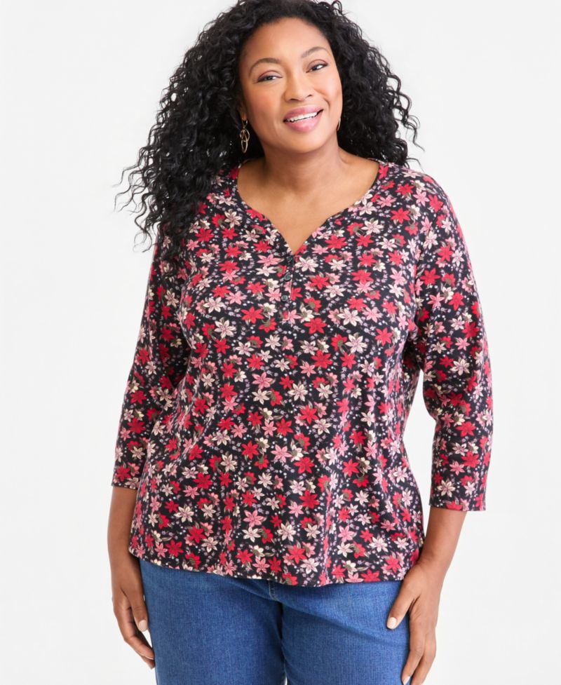 Petite Printed 3/4-Sleeve Henley Top