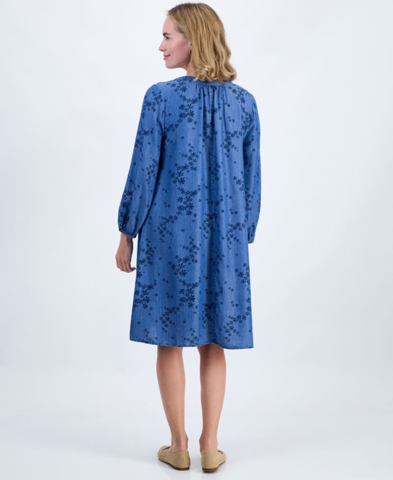 Petite Printed Chambray V-Neck Popover Dress