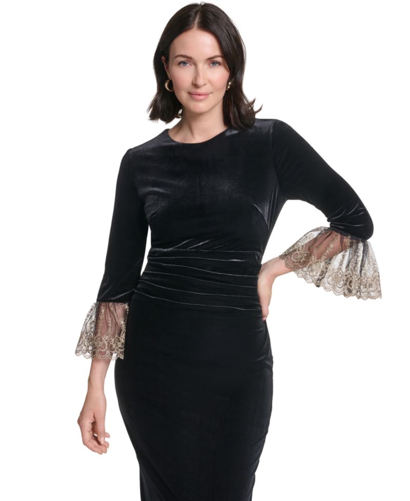 Petite 3/4-Sleeve Ruched Waist Stretch Velvet Sheath Dress