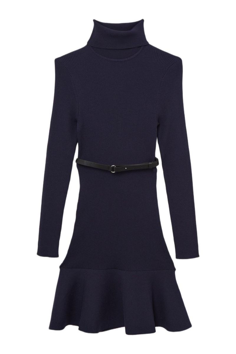 Women's Roll Neck Belted Flippy Hem Mini Dress