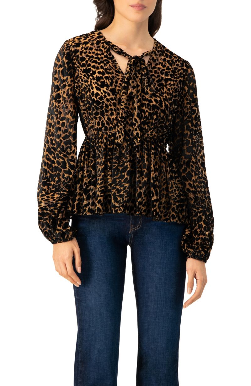 Women's V-Neck Animal Print Blouse With Velvet Flock