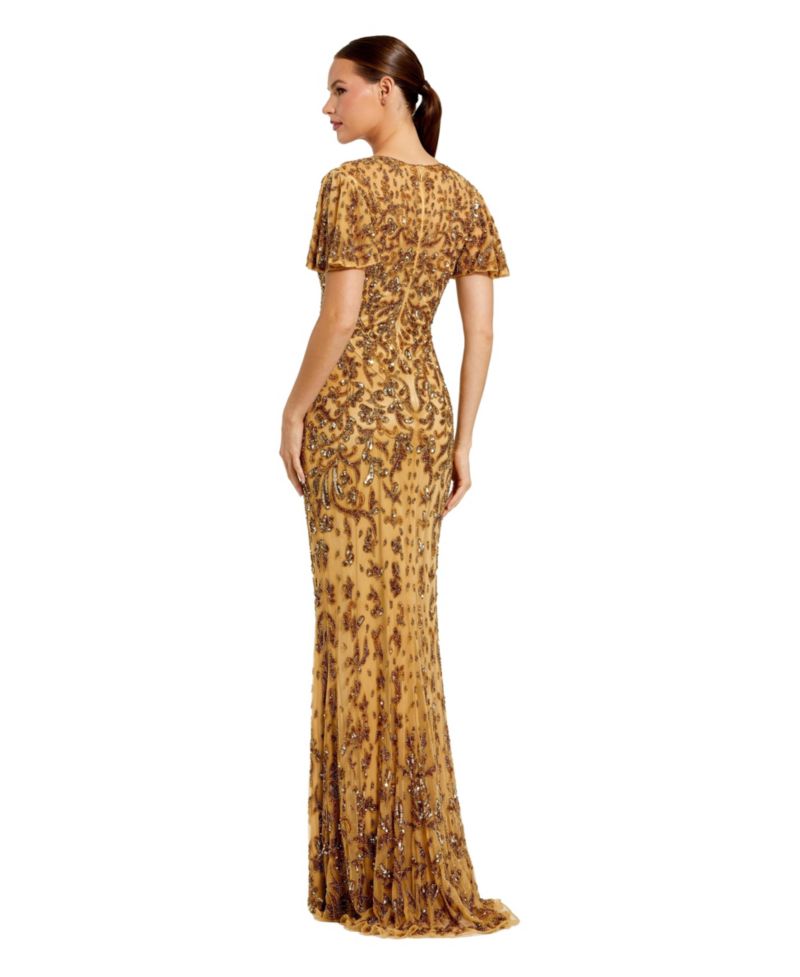 Women's Embellished High Neck Flutter Sleeve Gown