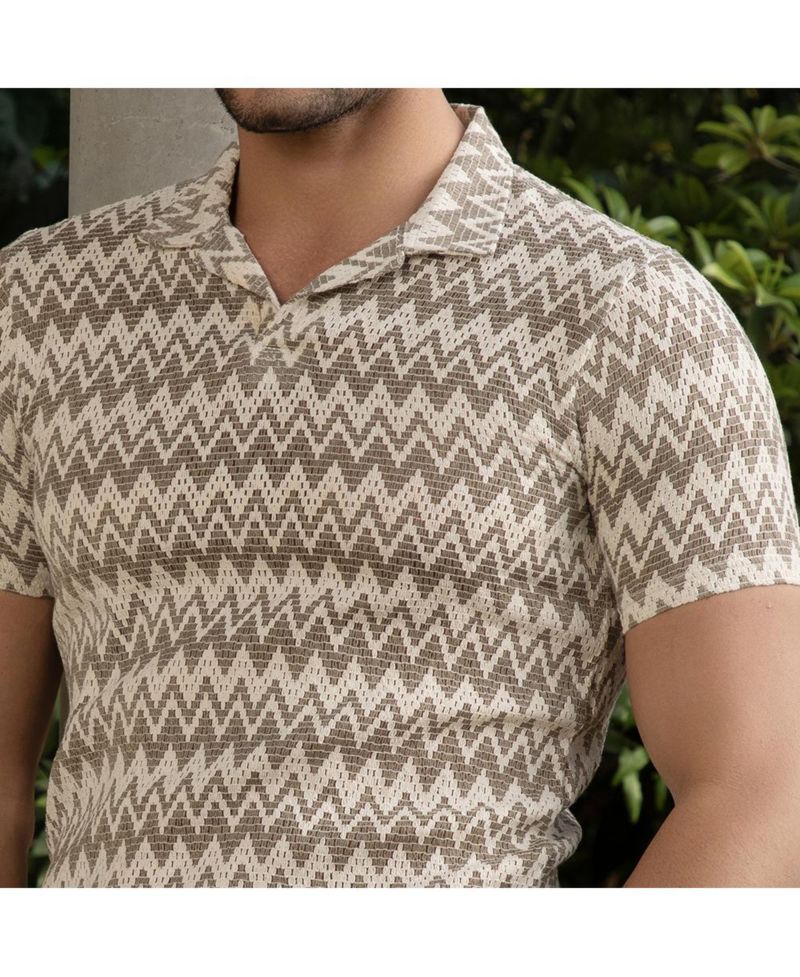 Men's French Beige and Off White Zig-Zag Knit Polo T-Shirt