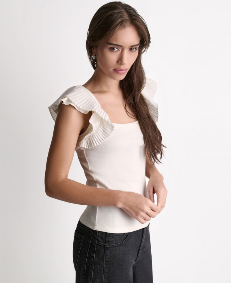 Women's Square Neck Ruffle Cap-Sleeve Top
