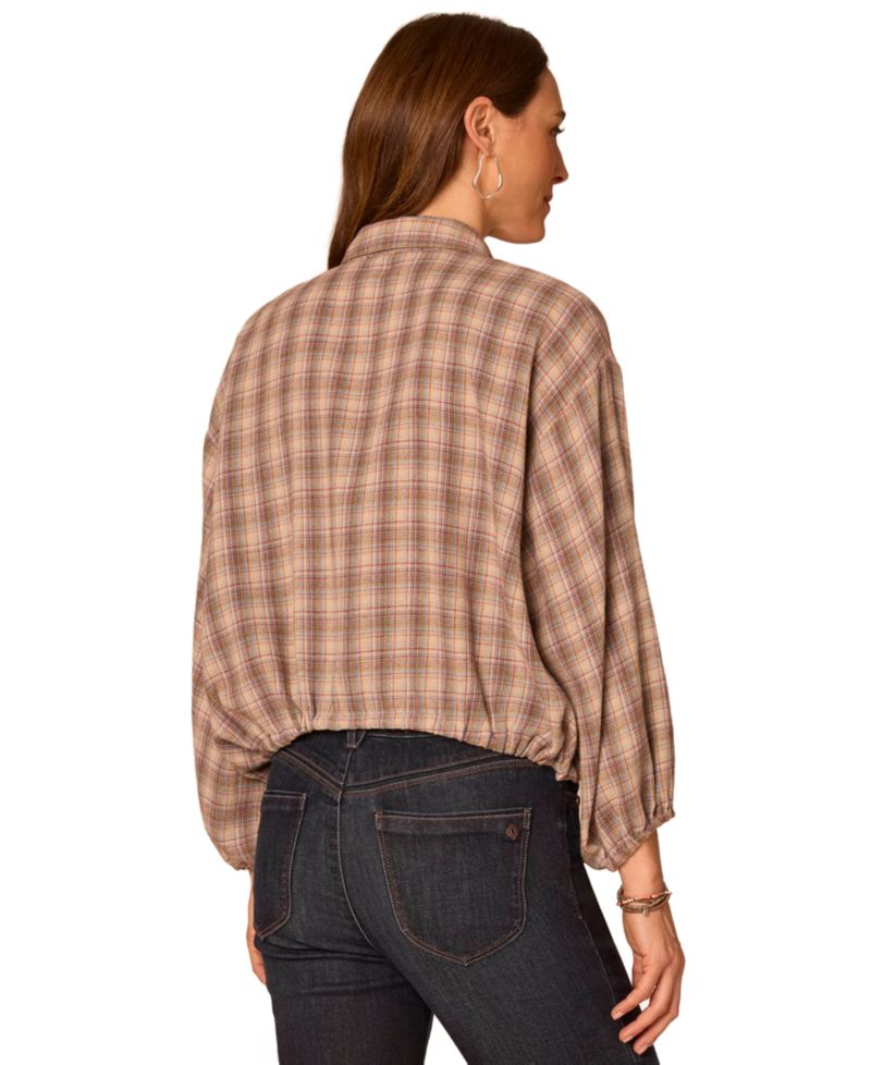 Petite Plaid Ruffle-Front Bubble-Hem Woven Blouse