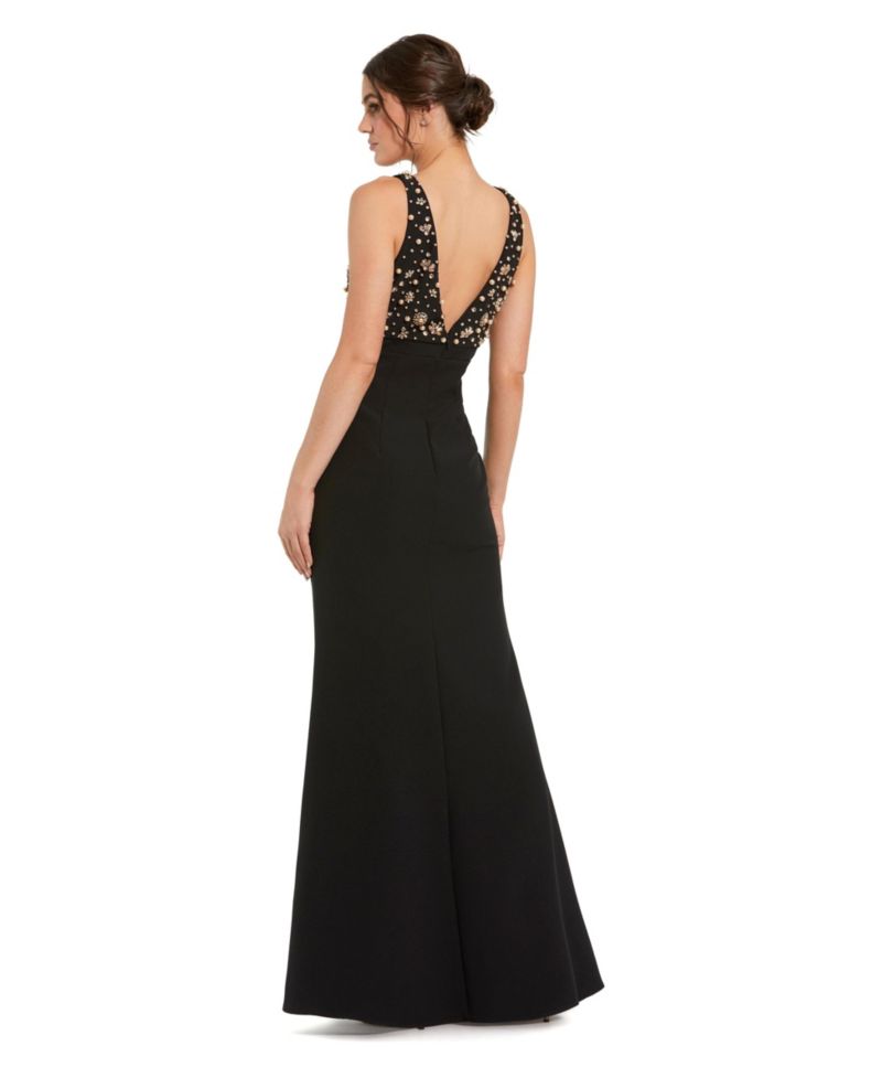 Petite Crepe Sleeveless Beaded V Neck Gown With Bow