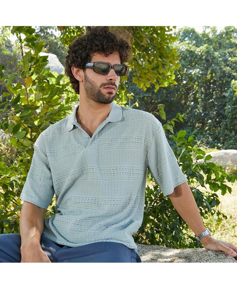 Men's Sage Green Bohomian Oversized Polo T-Shirt