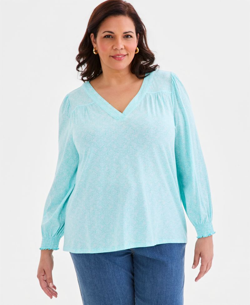 Plus Size Printed Smocked-Cuff Long-Sleeve V-Neck Top