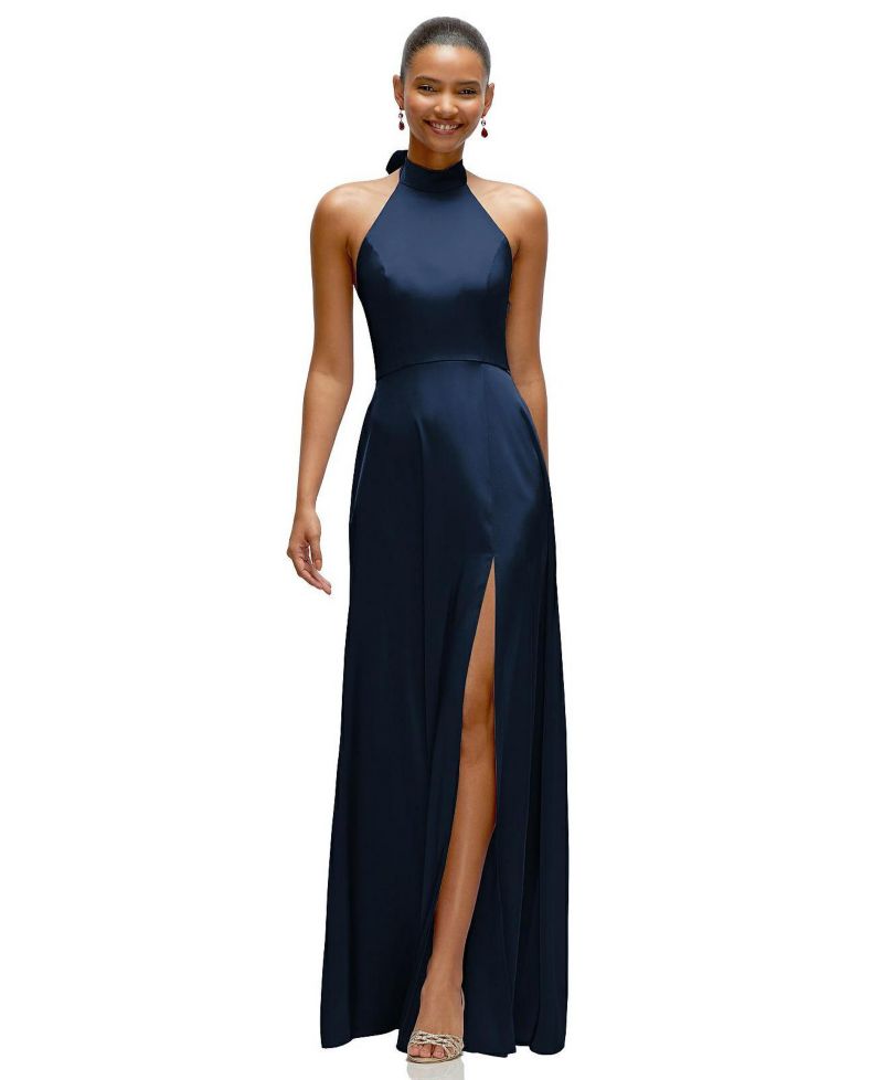 Women's Band Collar Halter Open Back Fluid Satin Maxi Dress with Self-Tie Bow