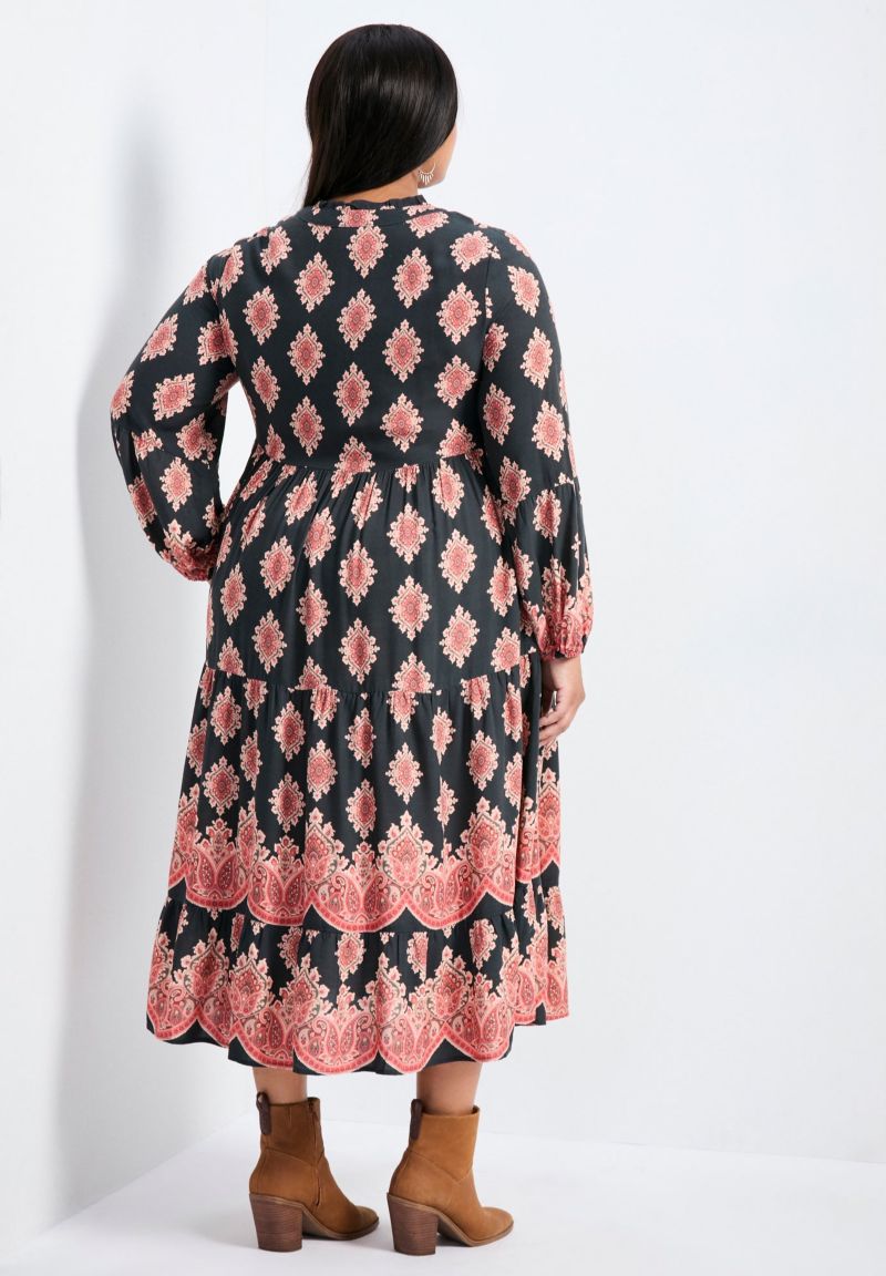 Women's Plus Size Everlasting Bordered Print Blouson Sleeve Dress