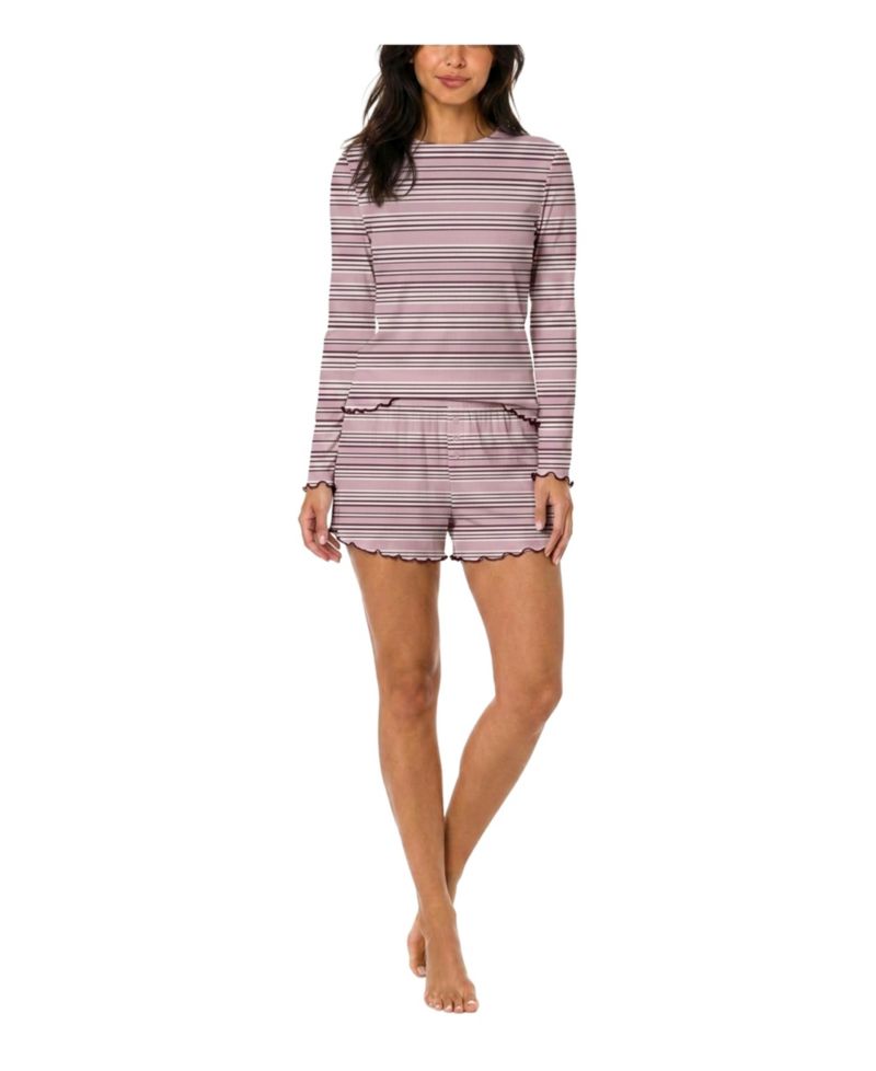 Women's Boat Neck Long-Sleeve Ribbed Tee and Shorts Set, 3" Inseam
