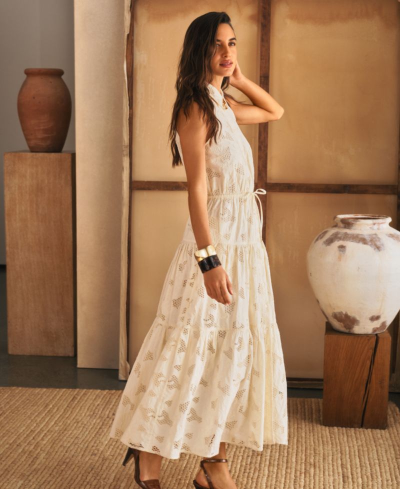 Women's Spread Collar Floral-Eyelet Voile Tiered Shirt-Dress