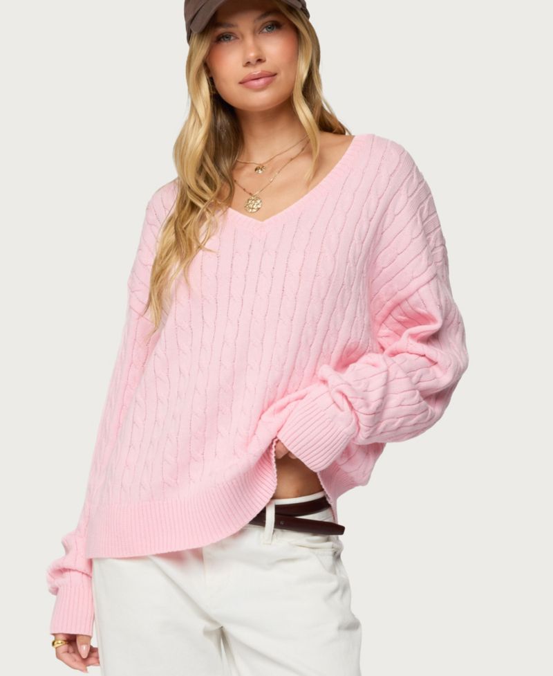 Women's Polly V Neck Cable Knit Sweater