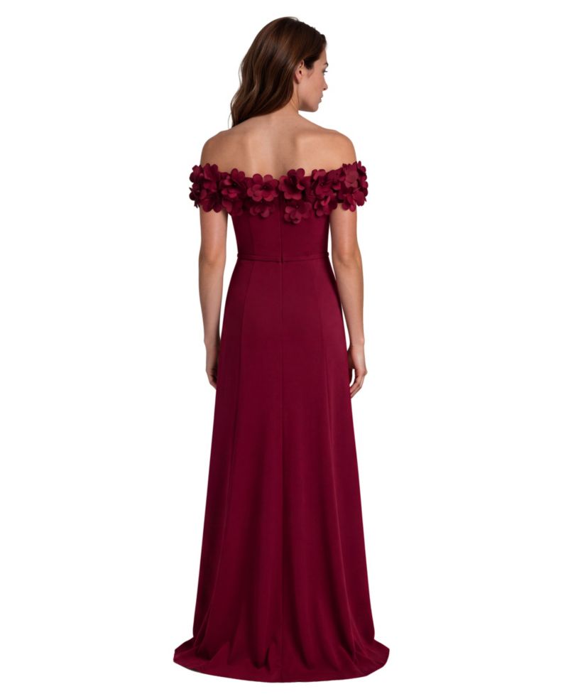 Women's Off The Shoulder Crepe Fit and Flare Gown with Front Slit and 3D Floral Appliques