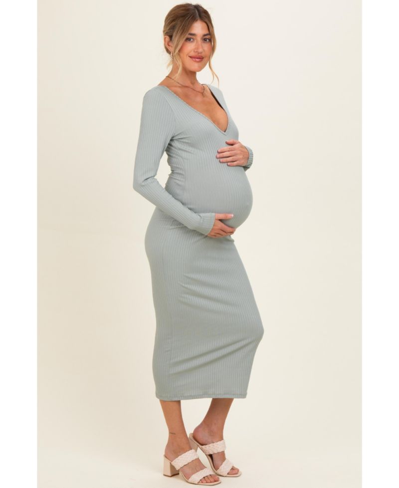 Women's Dark Red V-Neck Long Sleeve Fitted Maxi Dress