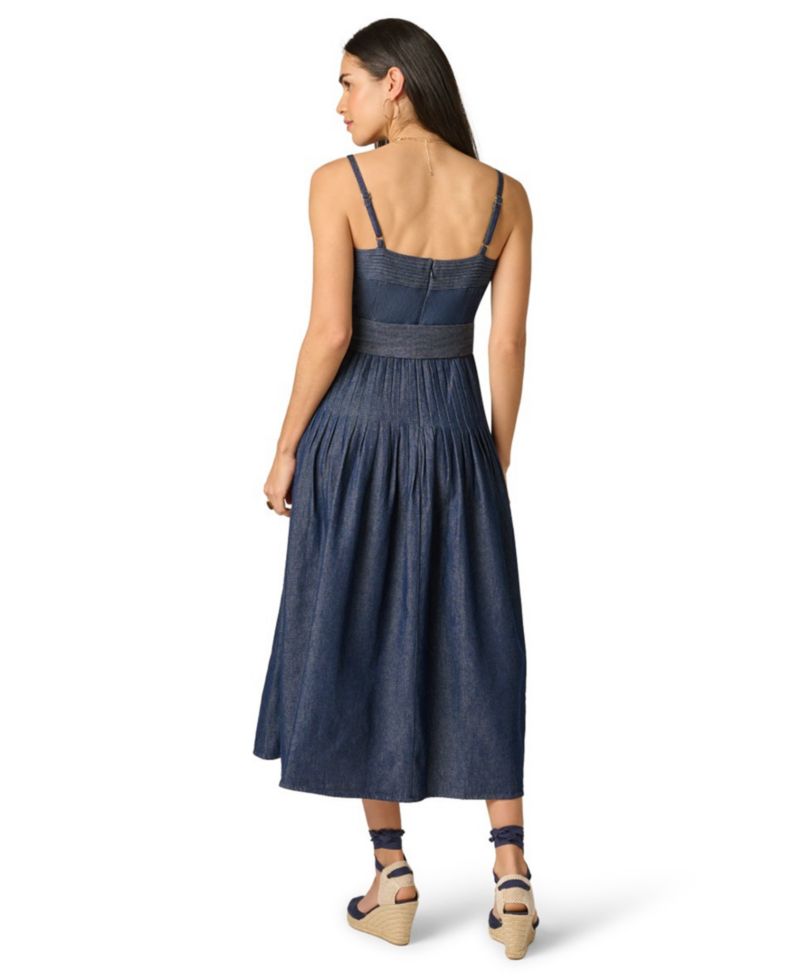 Women's Pintucked Square Neck Cotton Denim Midi Dress