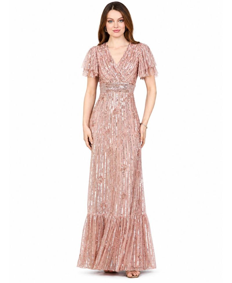 Women's Elegant Beaded Gown with Flutter Sleeves