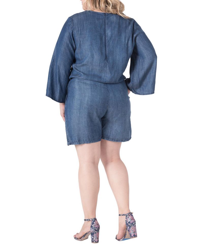 Plus Size Barbie Bell-Sleeve Lace-Up V-Neck Denim Romper