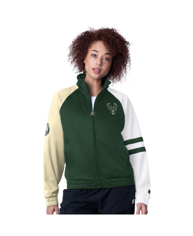 Women's Hunter Green Milwaukee Bucks Line Up Dolman Raglan Full-Zip Track Jacket