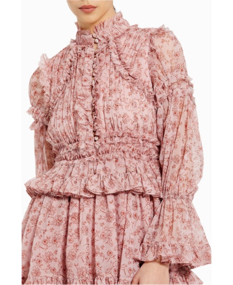 Women's Long Sleeve Open Front High Neck Ruffle Mini Dress