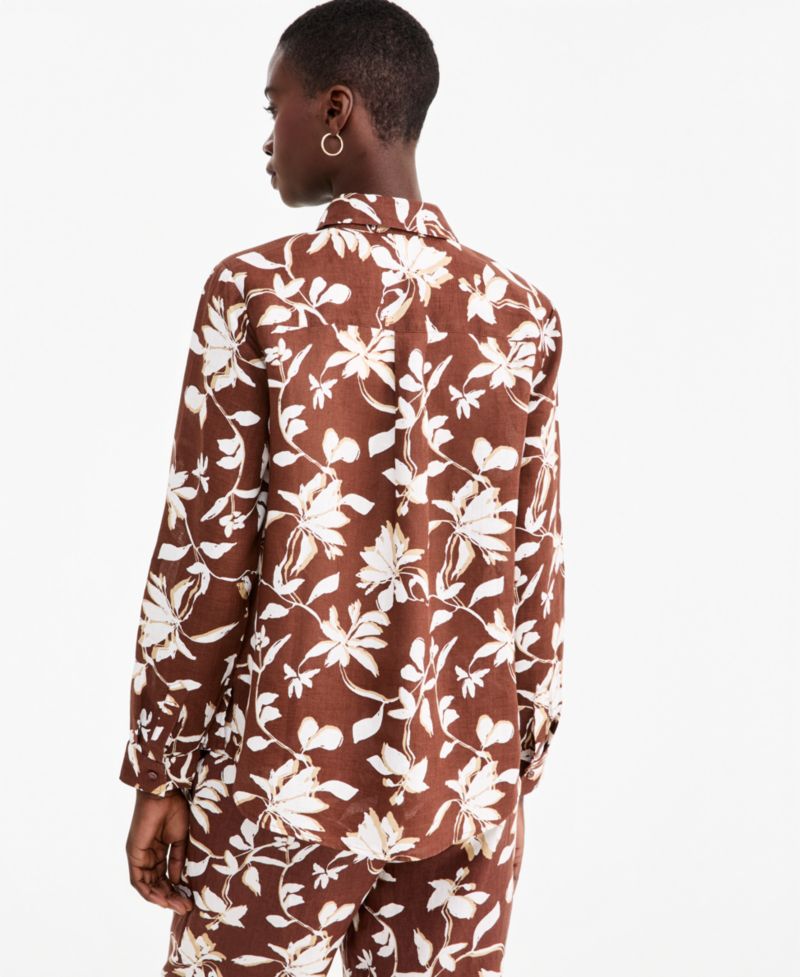 Petite Linen Floral-Print 3/4-Sleeve with Roll Tabs Top
