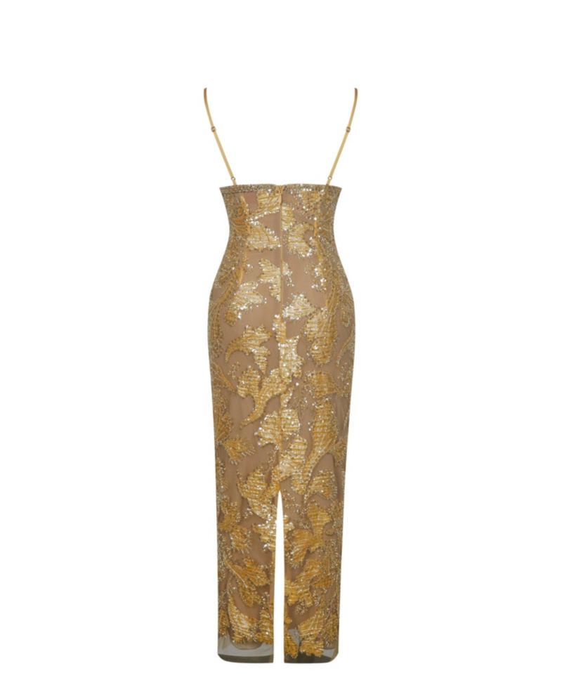 Women's Edie Gold Beaded Sequin Midi Pencil Dress