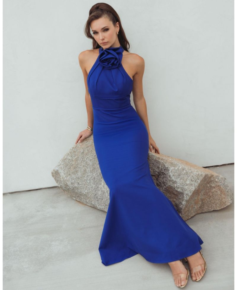 Women's Halter Neck Crepe Column Floral Detail Gown