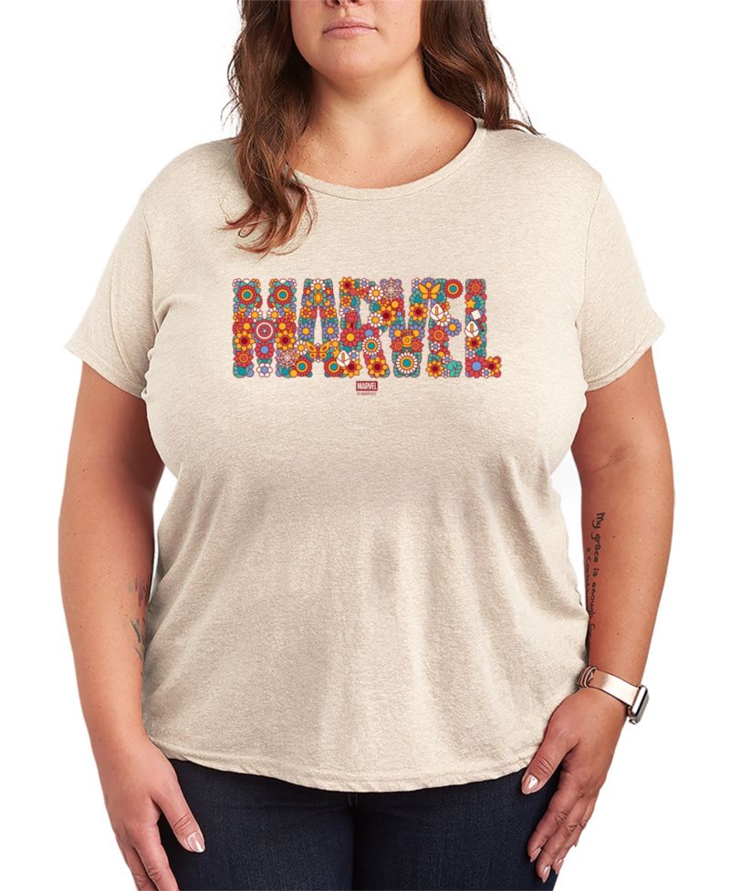 Plus Size Marvel Logo Florals Short-Sleeve Graphic T-Shirt