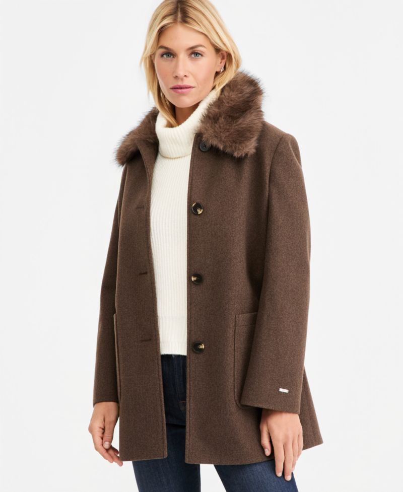 Women's Faux-Fur-Collar Car Coat, Created for Macy's