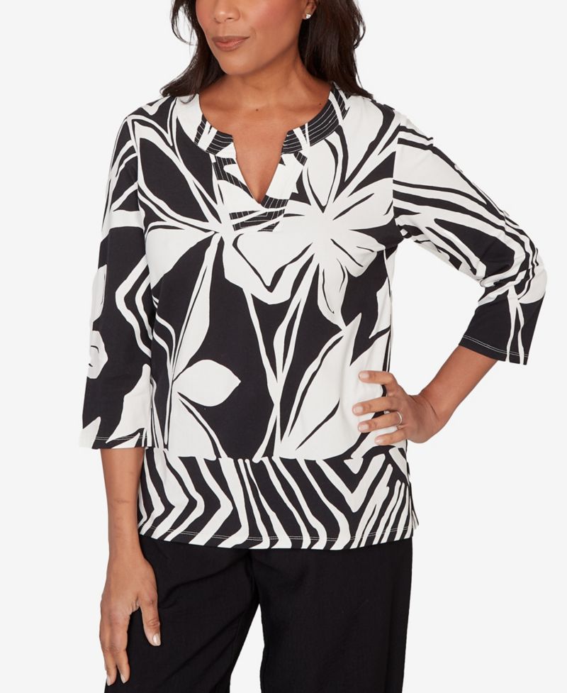 Women's Crowd Pleaser Dramatic Abstract Floral Split Neck Top