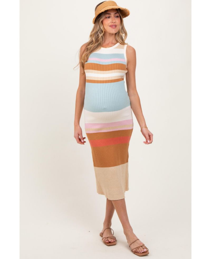 Maternity Light Olive Colorblock Striped Knit Sleeveless Midi Dress