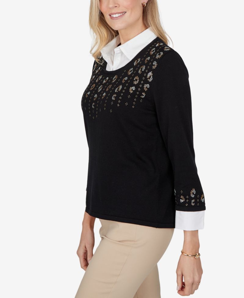 Petite Crewneck 3/4-Sleeve Cotton-Blend Sweater
