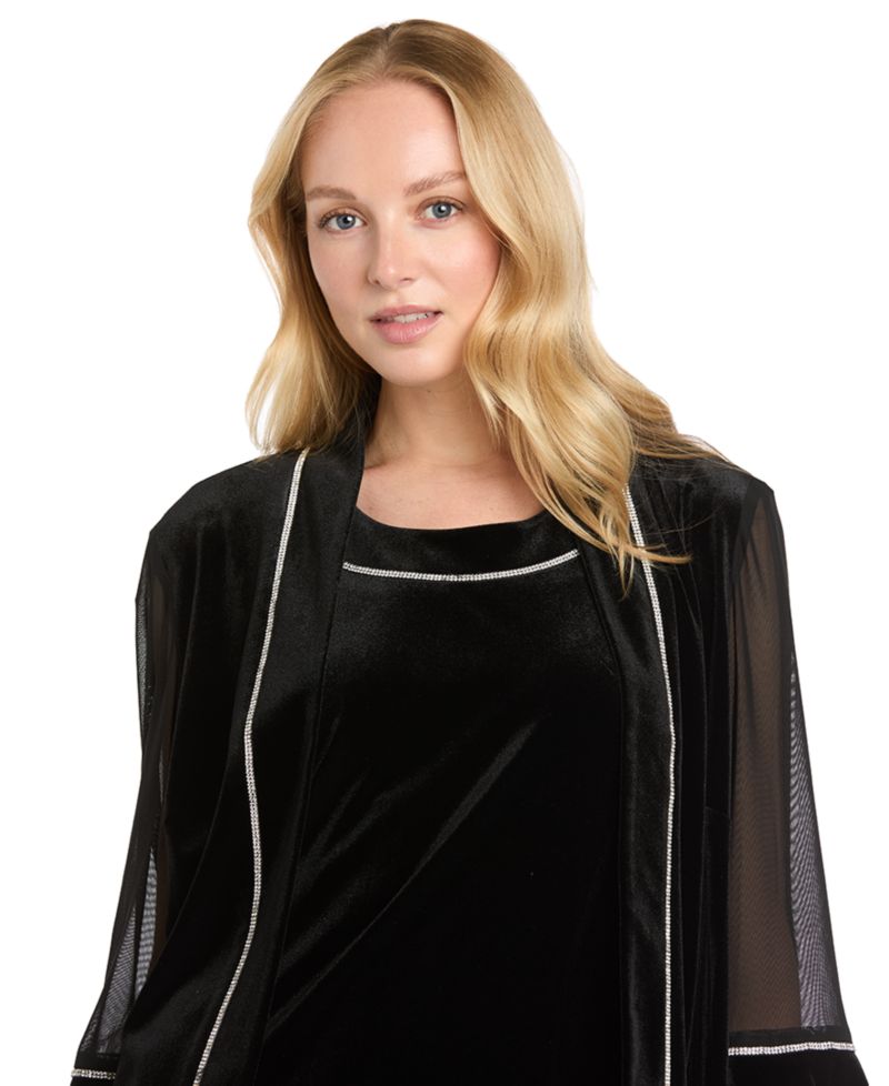 Women's Rhinestone Scoop Neck Velvet Jacket and Dress, 2-Piece Set