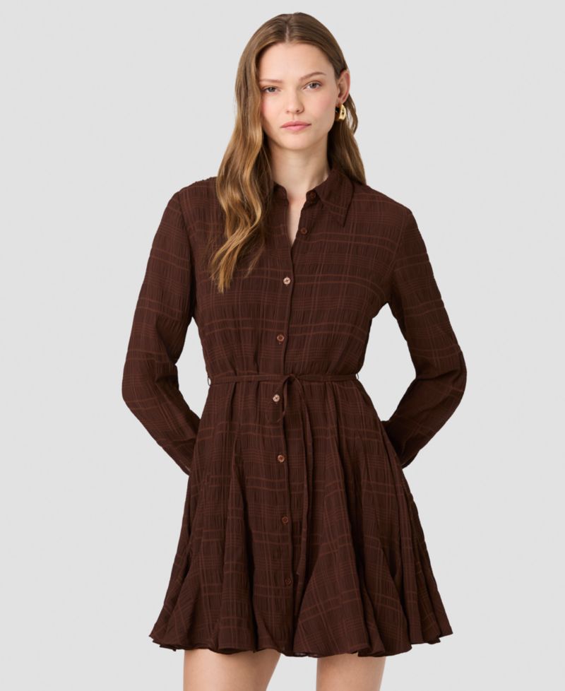 Women's Collared Long-Sleeve Tie-Waist Mini Dress