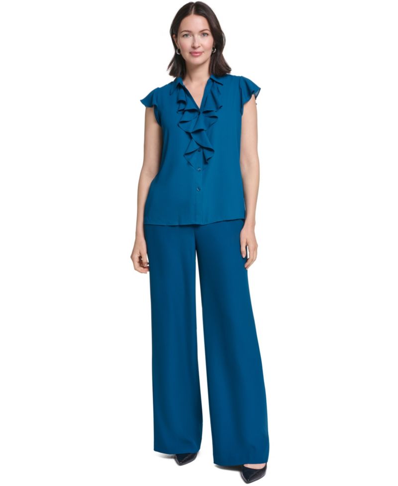 Women's Short-Sleeve Collared Ruffle-Front Blouse