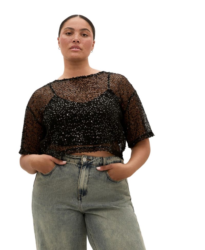 Plus Size Stardust Sheer-Mesh Sequin Crop Top