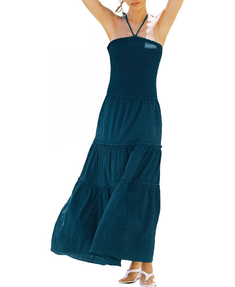 Women's Tahiti Beach Halter Smocked-Bodice Maxi Dress