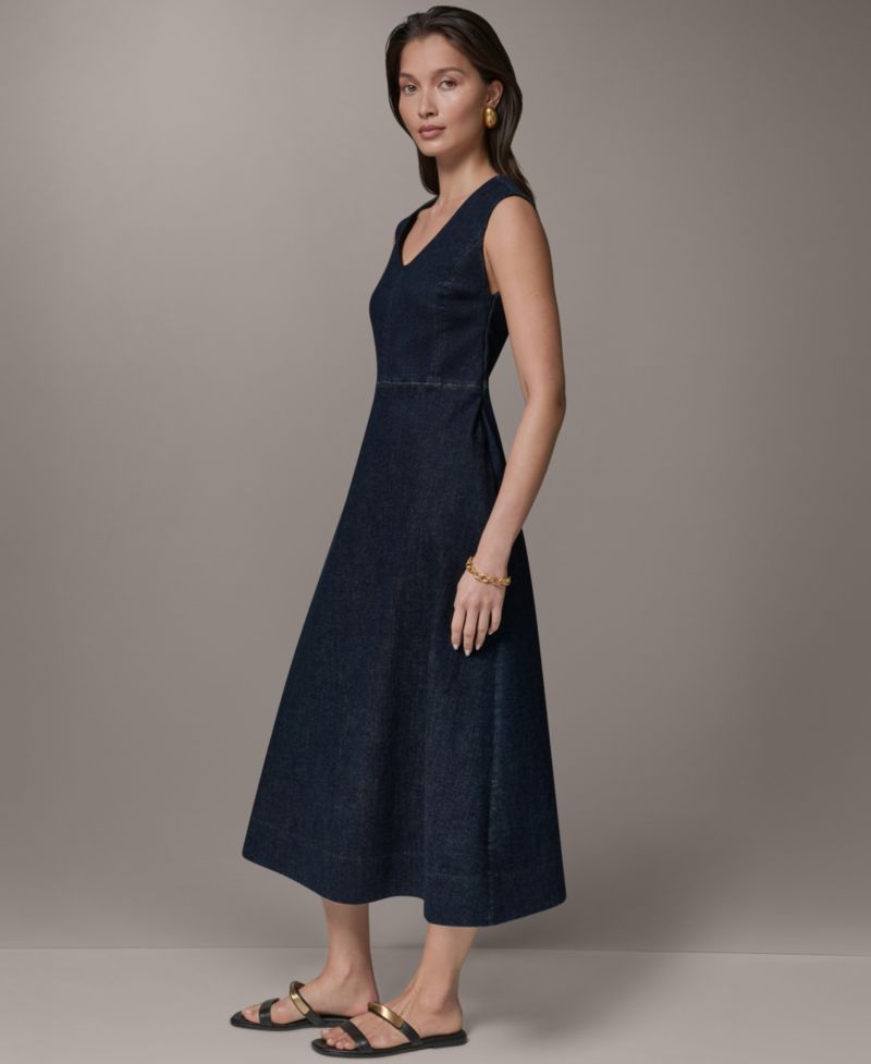 Women's Contrast Color Self-Belted V-Neck Midi Dress