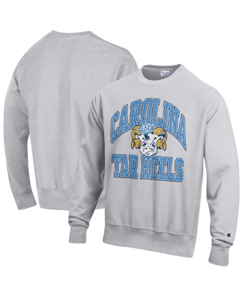 Men's Gray North Carolina Tar Heels Distressed Arch Over Logo Reverse Weave Crew Neck Sweatshirt