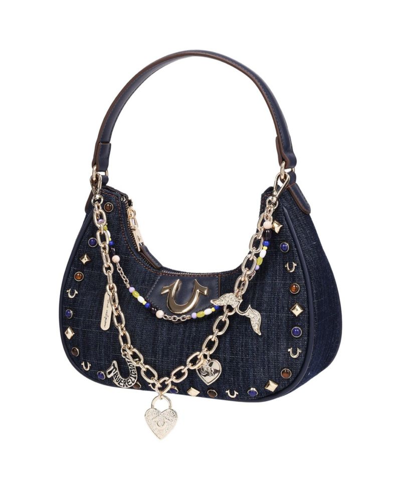 Women's Studded Denim Shoulder Bag with Removable Charm Chain