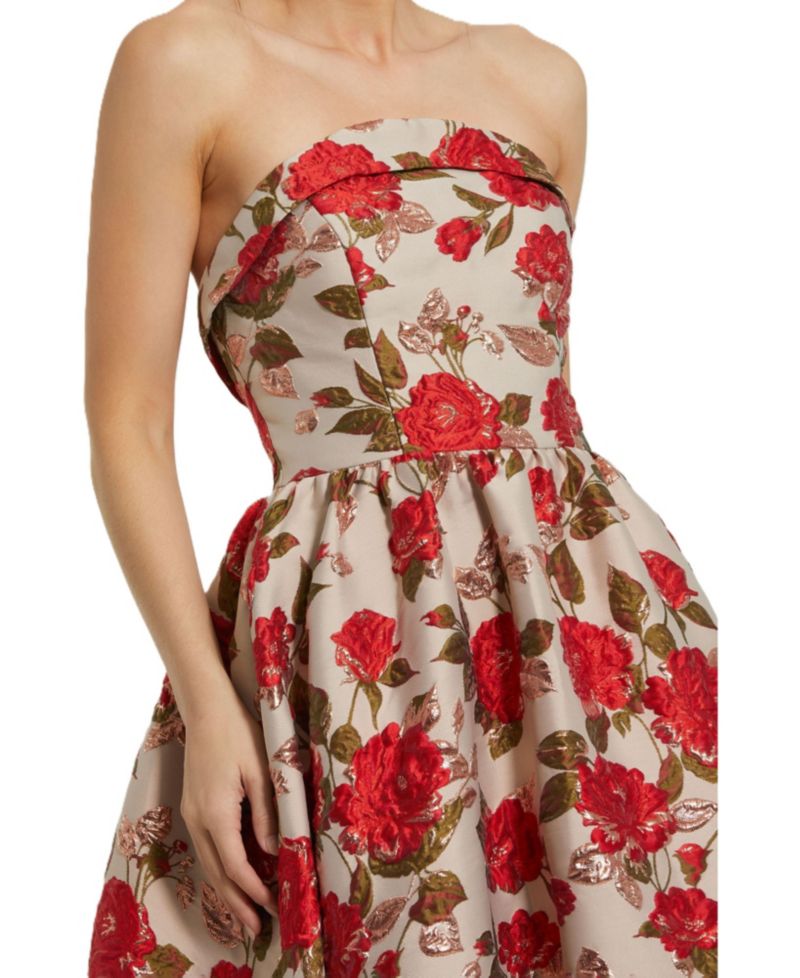 Women's Brocade Strapless Floral Gown With Ruffle Hem