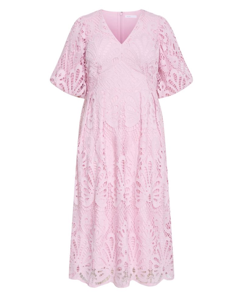 Plus Size Kylee V-Neck Balloon-Sleeve Embroidered-Lace Midi Dress
