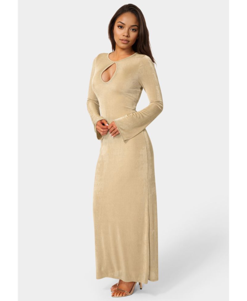Women's Long Sleeve Open Neck Slinky Maxi Dress